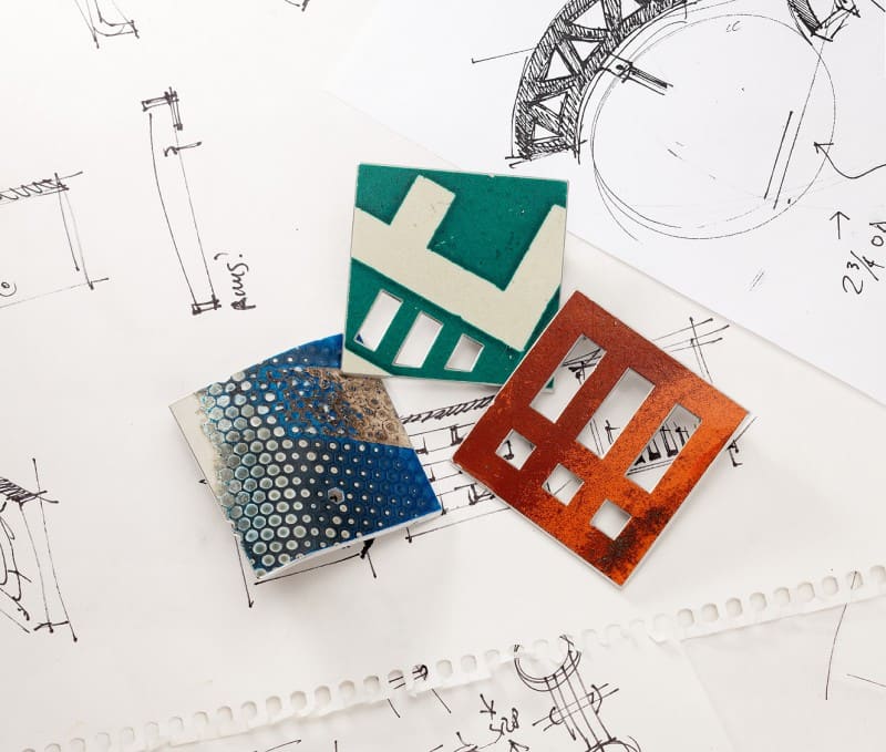 Square “De-SIGN' D.P.W. Brooch® & Vitrified Detritus series