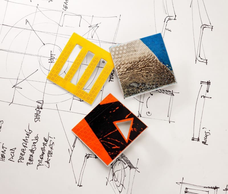 Square “De-SIGN' D.P.W. Brooch® & Vitrified Detritus series